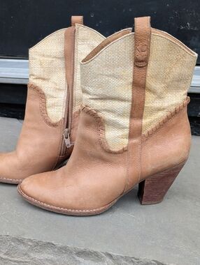 Jack Rogers Womens Tan Leather & Woven Mid-Calf Heeled Western Boots